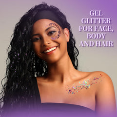 Close-up of Teenitor glitter on face and body for festival-ready looks.