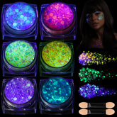 Teenitor glow in the dark glitter gel on hand under UV light for festival makeup.