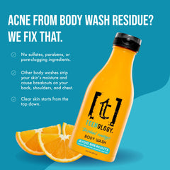 Teenology Tropical Orange label close-up; natural extracts nourish skin.