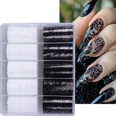 Teilihai lace nail foil with black and white flowers for elegant manicures.
