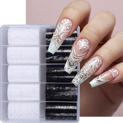 Teilihai lace nail foil with black and white flowers for elegant manicures.