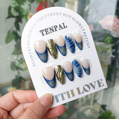 TENPAL blue press-on nails in almond shape with French tip for salon-style polish.