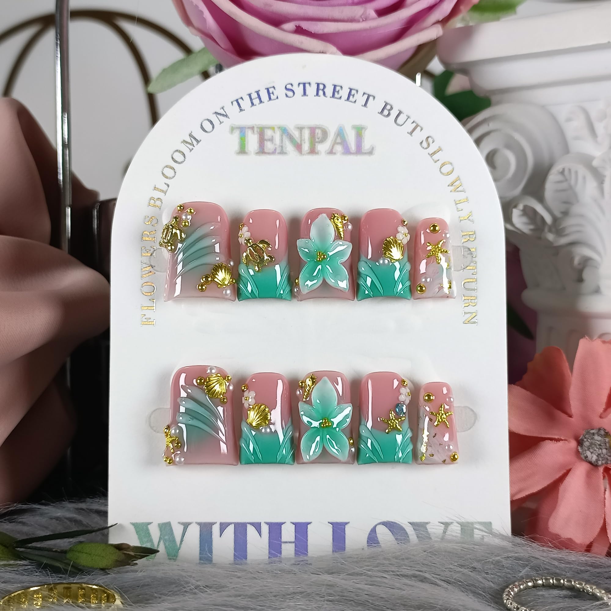 TENPAL Ocean 3D floral teal nails for durable, sea-inspired daily glam