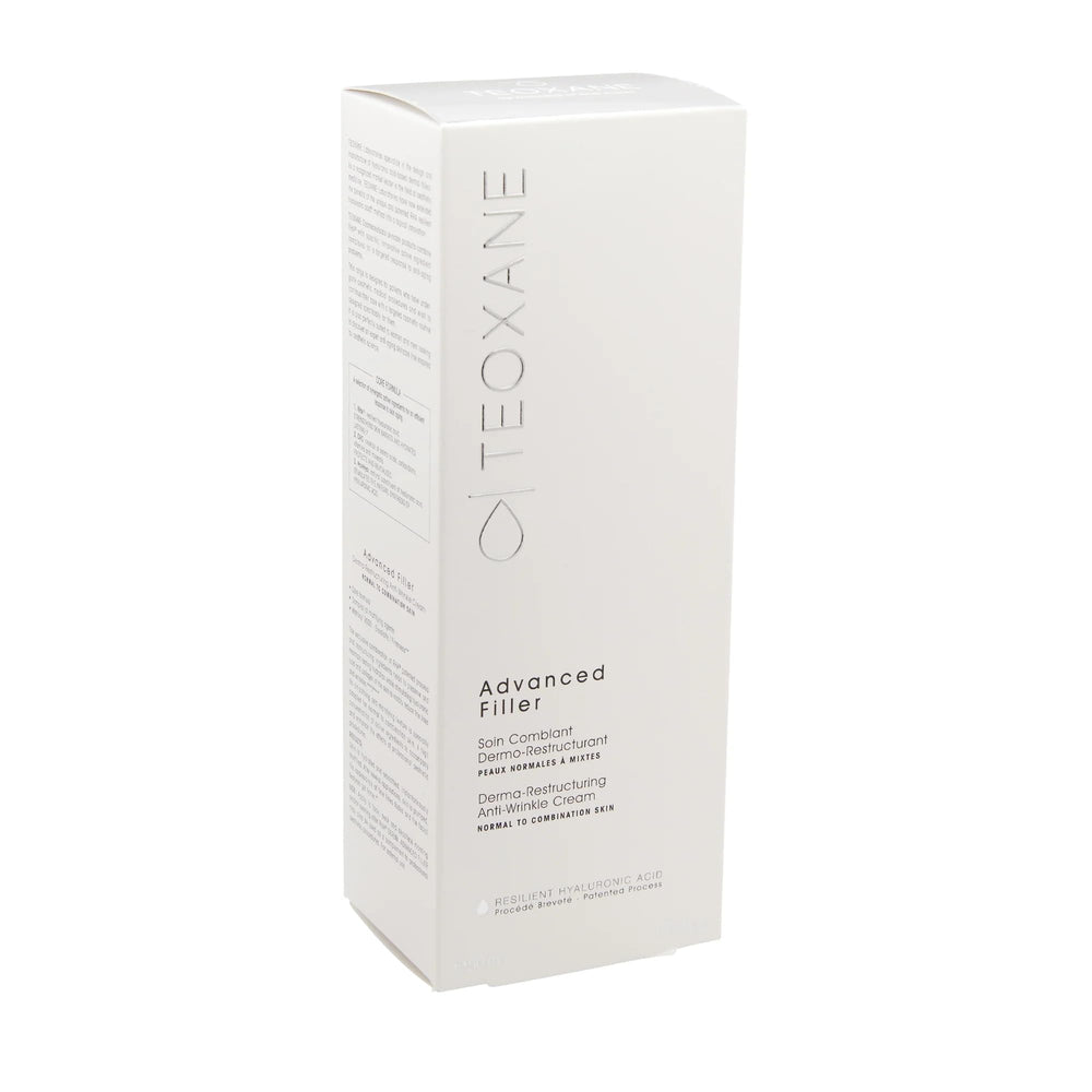 Teoxane Advanced Filler bottle pour showing hydrating action for normal to combination skin.