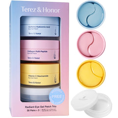 TEREZ & HONOR eye patches radiant trio highlighting caffeine, collagen, vitamin C benefits.