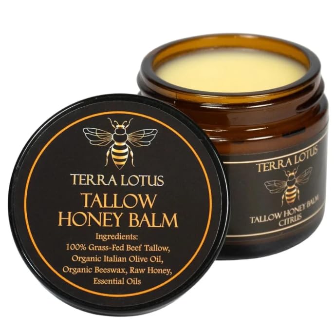 Terra Lotus Honey Tallow Balm jar with citrus label nourishes dry skin.