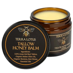 Terra Lotus Honey Tallow Balm jar with citrus label nourishes dry skin.
