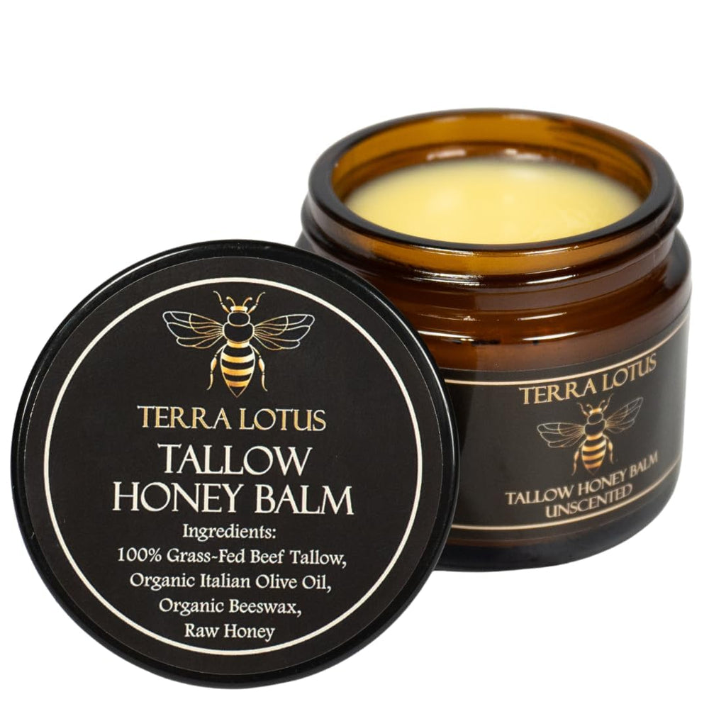 Terra Lotus Honey Tallow Balm jar close-up for rich, non-greasy hydration.