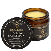 Terra Lotus Honey Tallow Balm jar close-up for rich, non-greasy hydration.