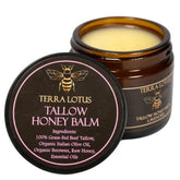 Terra Lotus honey tallow balm jar label close-up, natural skincare choice