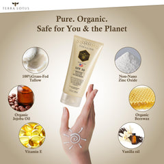Terra Lotus sunscreen on the face shows a blendable, lightweight finish.