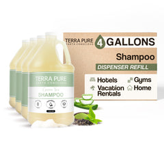 Terra Pure Hotel Shampoo four gallon refill for guest bathrooms, convenient and eco-friendly