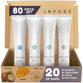 Terra Pure Infuse shampoo 1oz bottle with white tea coconut scent for guest rooms