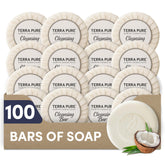 Terra Pure travel-size soap, pleat-wrapped, ideal for hotel guest rooms, enhancing hygiene convenience.