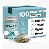 Terra Pure travel-size body wash bottle for hotel room use