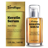 TERRAFIQUE Keratin Serum bottle close-up highlighting luxe packaging and frizz-control benefits.