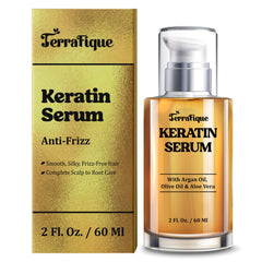 TERRAFIQUE Keratin Serum bottle close-up highlighting luxe packaging and frizz-control benefits.