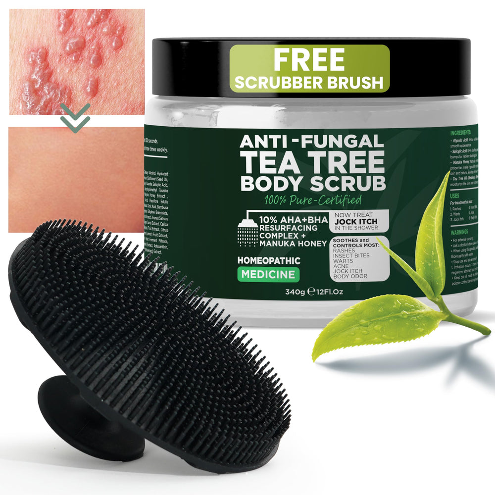 Terramed Just Think Comfort antifungal scrub with brush closeup showing exfoliation in action.