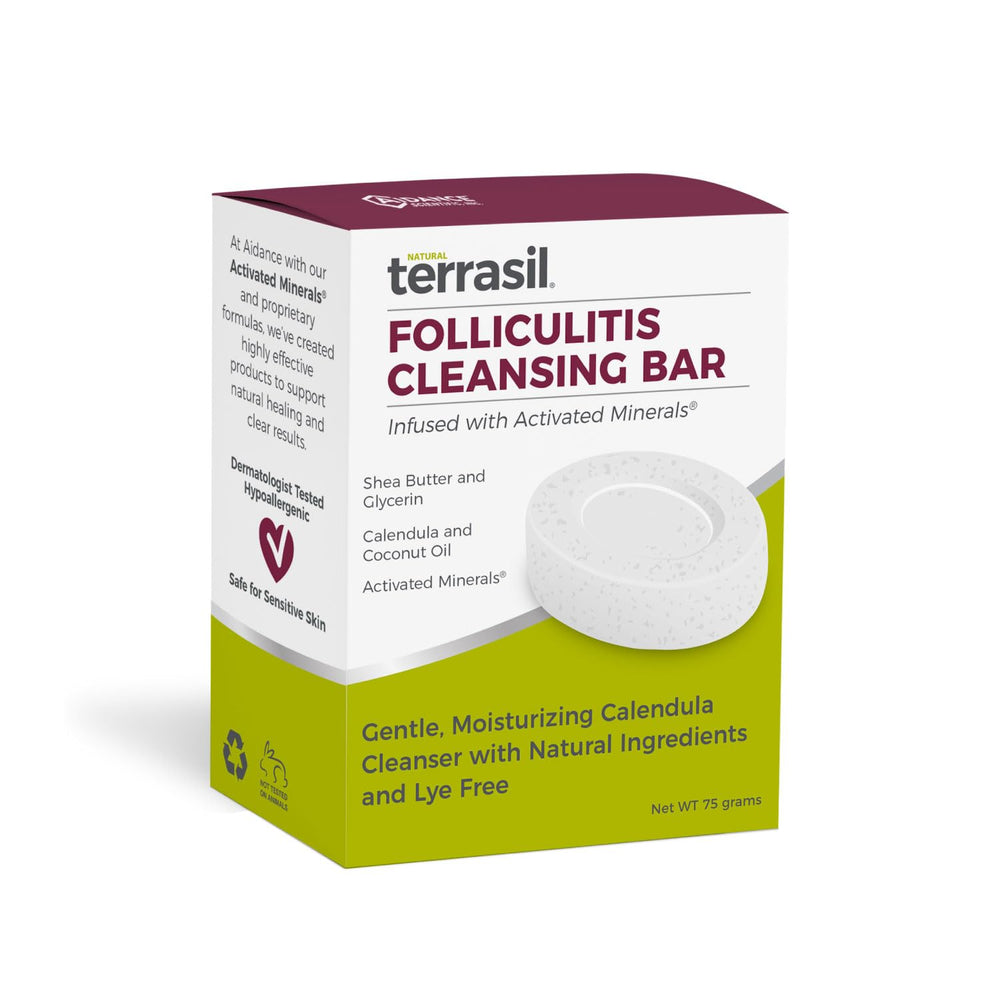 Terrasil Folliculitis Soap bar ingredients with calendula and peppermint for soothing relief