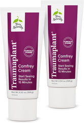 Terry Naturally Traumaplant Comfrey Cream jar close-up shows smooth non-staining formula