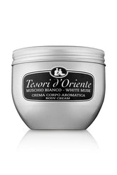 Tesori d'Oriente body cream bottle with white musk nourishes skin deeply.