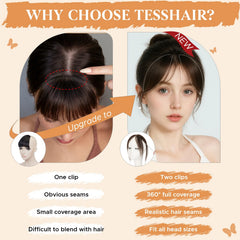 TESSHAIR clip-in bangs demonstrate easy, quick styling for busy days.