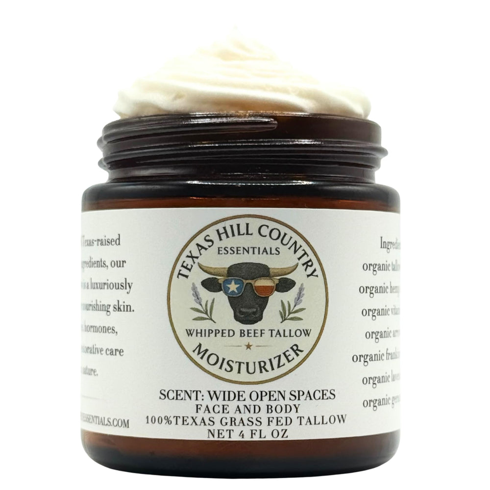 Texas Hill Country Essentials beef tallow moisturizer on the face, nourishing dry skin.