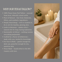 Texas Hill Country Essentials beef tallow moisturizer on hands, smoothing rough skin.