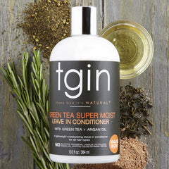 tgin Green Tea Leave-In applied to damp curls for detangling and smooth texture