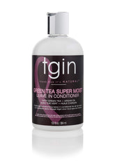 tgin Green Tea Super Moist Leave-In bottle delivering lightweight hydration for curls