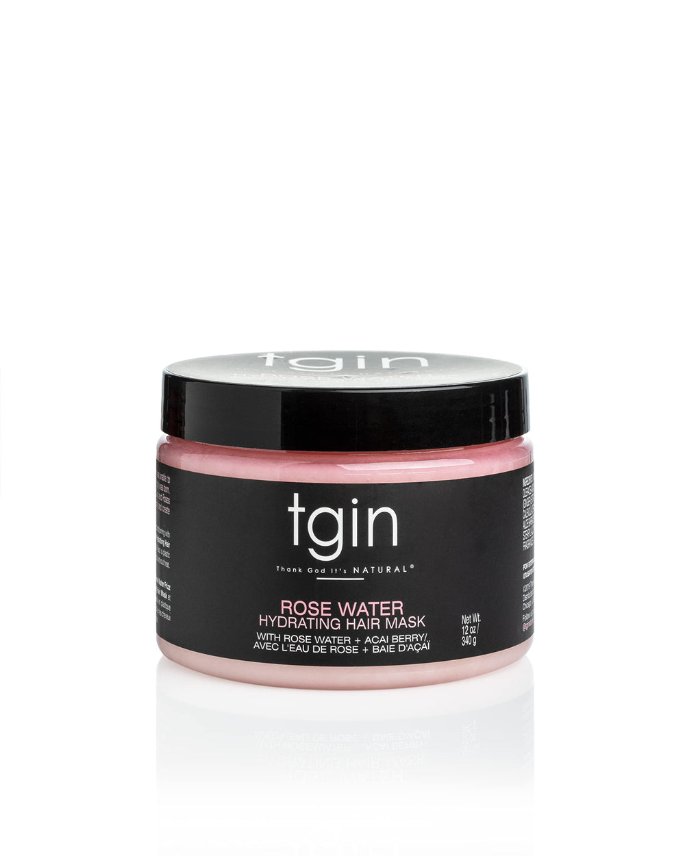 tgin Rose Water Hydrating Hair Mask bottle with rose petals for frizz control