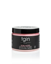 tgin Rose Water Hydrating Hair Mask bottle with rose petals for frizz control