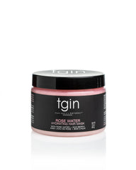 tgin Rose Water Hydrating Hair Mask bottle with rose petals for frizz control