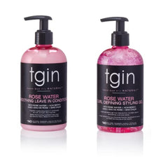 TGIN Rose Water Leave-In Conditioner bottle delivers lightweight moisture and shine for smooth, defined curls.