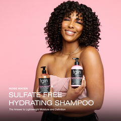 Close-up of tgin Rose Water Shampoo lather promoting frizz control and natural shine.