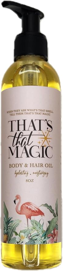 That's That Magic tropical oil bottle pour delivers quick hydration and a tropical scent.