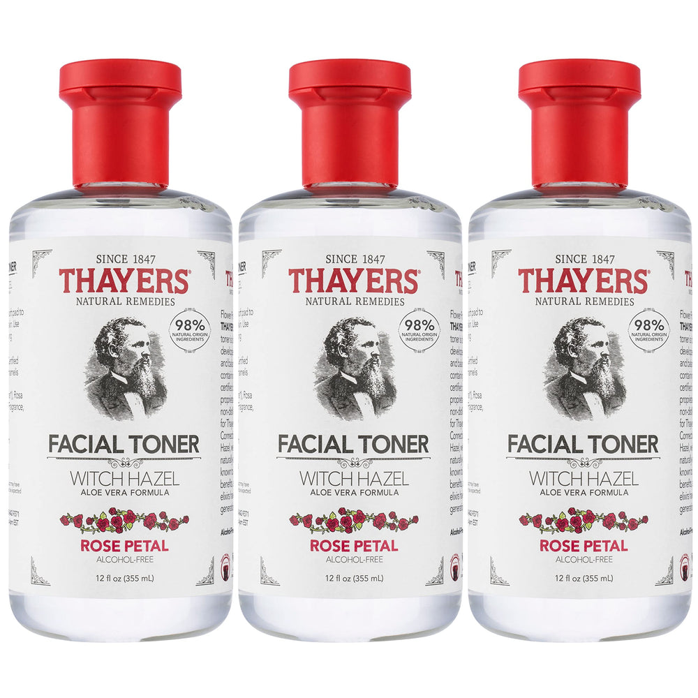 THAYERS Rose Petal Toner bottle with rose petals, soothing hydration for all skin types.