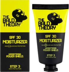The Bald Theory SPF30 Scalp Moisturizer Shield bottle showing lightweight daily protection for bald heads
