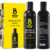 The Beard Club Citrus Beard & Face Wash bottle highlights citrus-cleanse action for beard and skin.