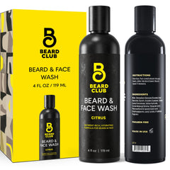 The Beard Club Citrus Beard & Face Wash bottle highlights citrus-cleanse action for beard and skin.