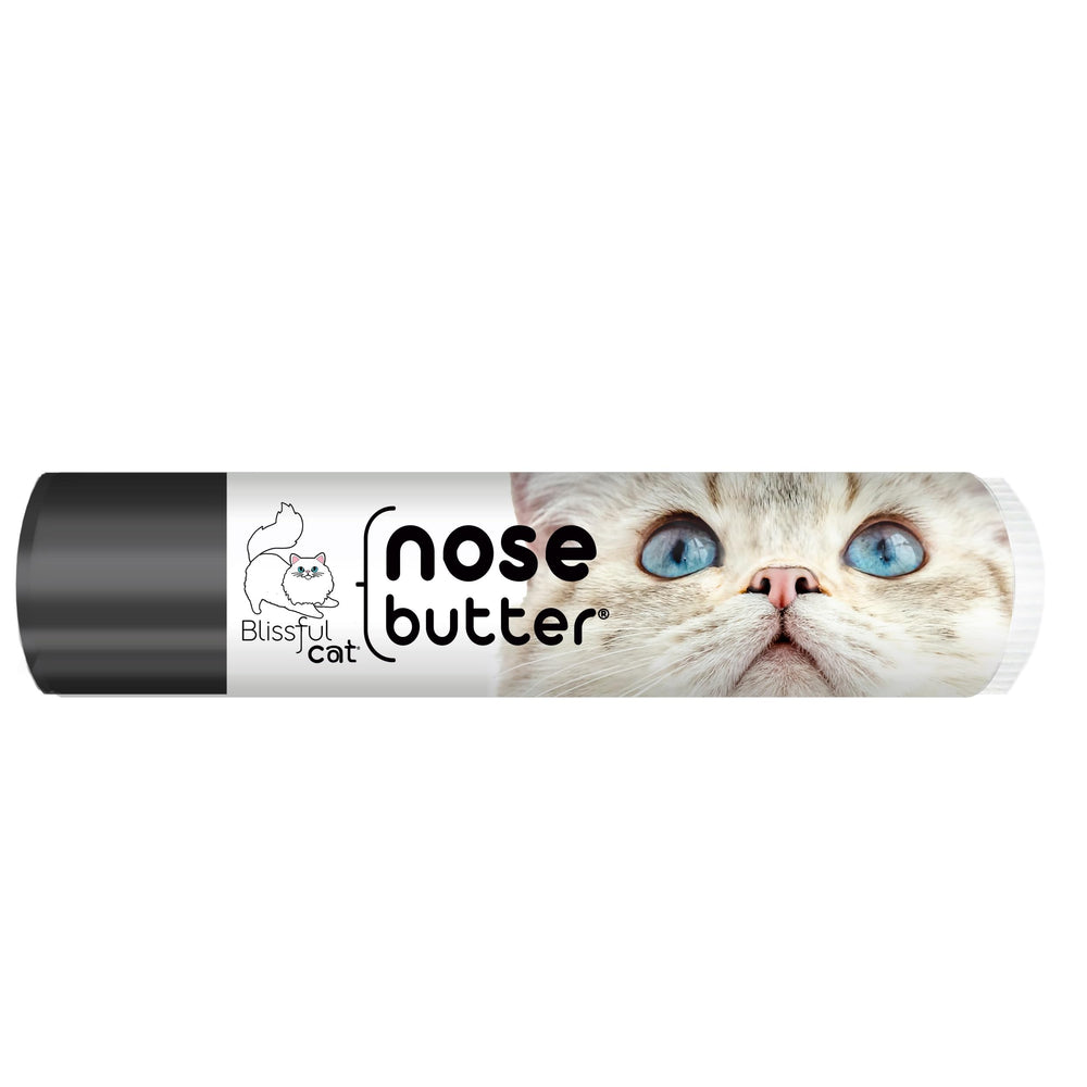 The Blissful Cat Nose Butter jar showing natural ingredients for gentle nose care.