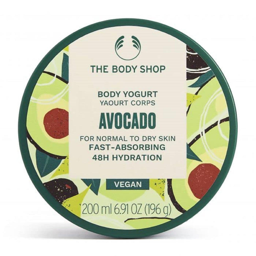 The Body Shop Avocado Body Yogurt tub front view, highlighting quick absorption.