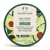 The Body Shop Avocado Body Yogurt tub front view, highlighting quick absorption.