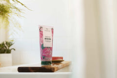 British Rose Shower Scrub texture close-up shows gentle exfoliation for normal skin