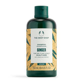 The Body Shop Ginger Anti Dandruff Shampoo bottle close-up for scalp refresh.