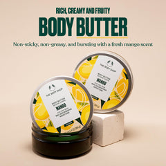 The Mango Body Butter packaging shows recyclable materials and eco design.