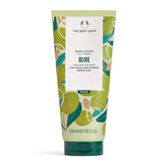 The Body Shop Olive Body Lotion tube packaging highlights sustainable materials and branding.