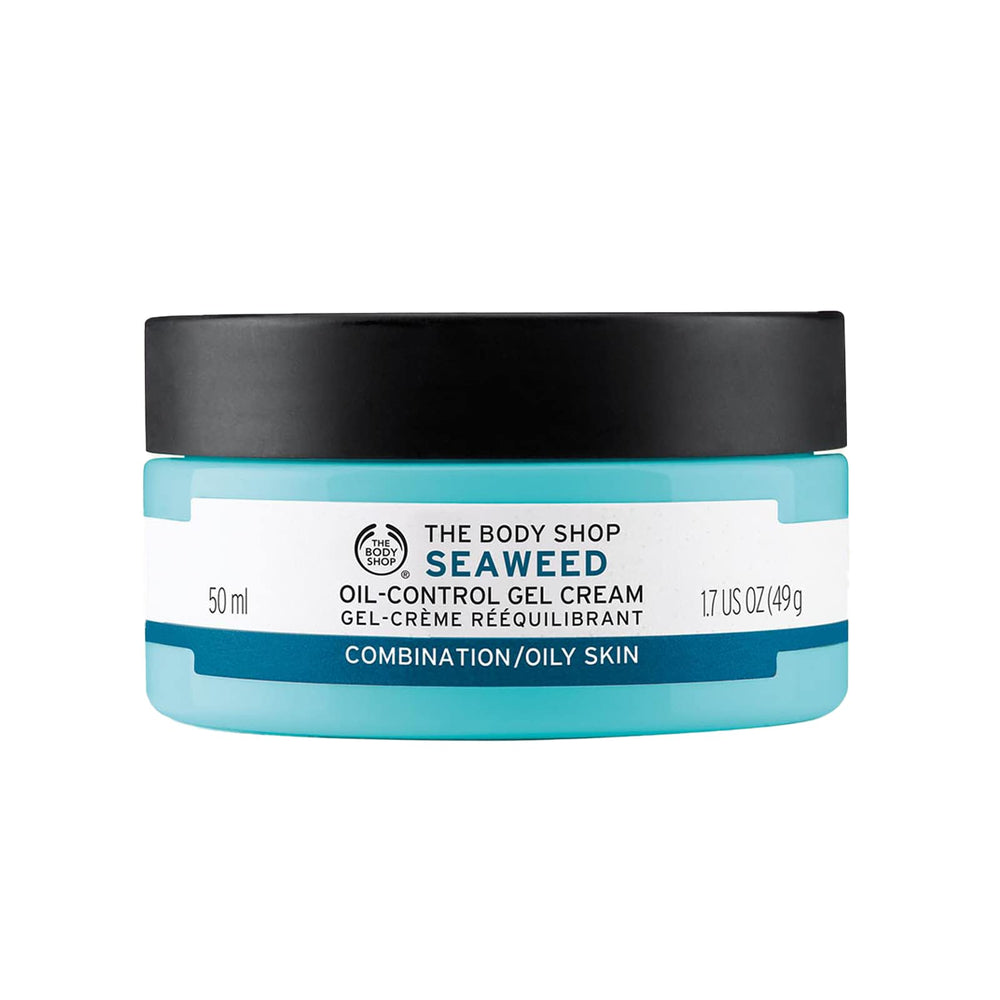The Body Shop Seaweed Oil-Control Gel Cream bottle demonstrates lightweight hydration for oily and combination skin.