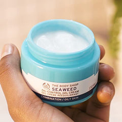The Body Shop Seaweed Oil-Control Gel Cream packaging highlights vegan, paraben-free formula and ethical skincare ethos.
