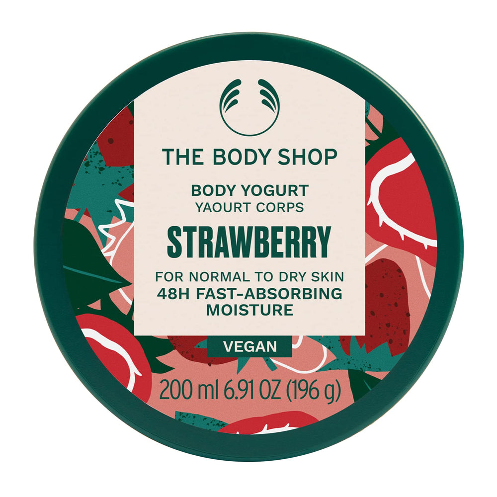 The Body Shop Strawberry Body Yogurt jar closeup shows creamy hydration for dry skin.
